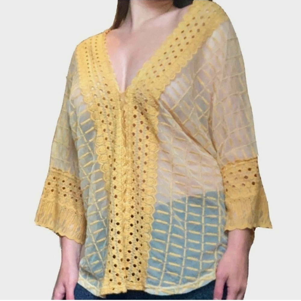 Sundance Size L Embroidered Mesh Sheer  Golden LaceTop Yellow Gold